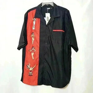 🛑 NWT jogal Mens Vintage-style Polyester Black Short Sleeve Button-up Shirt XL